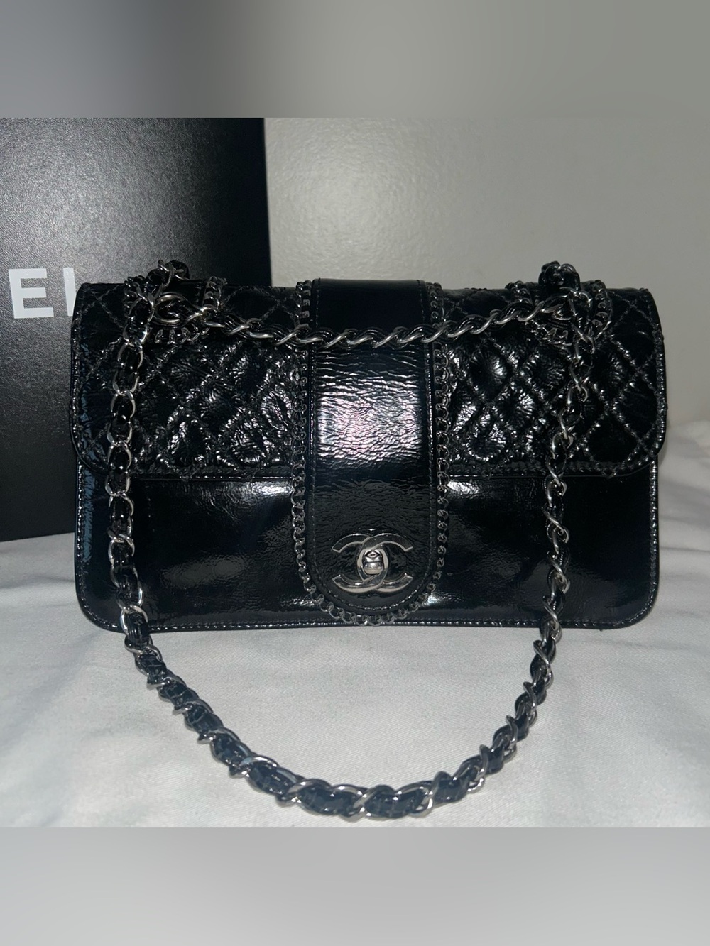 CHANEL Madison Medium Quilted Flap Shoulder Bag Patent Leather Black
